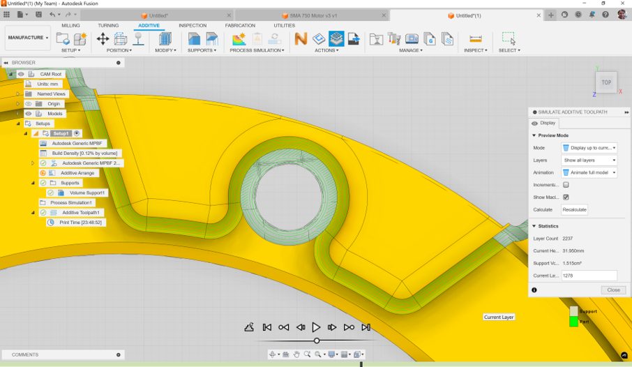 Autodesk Fusion offers best in class toolpathing and simulation algorithms for additive computer aided manufacturing.