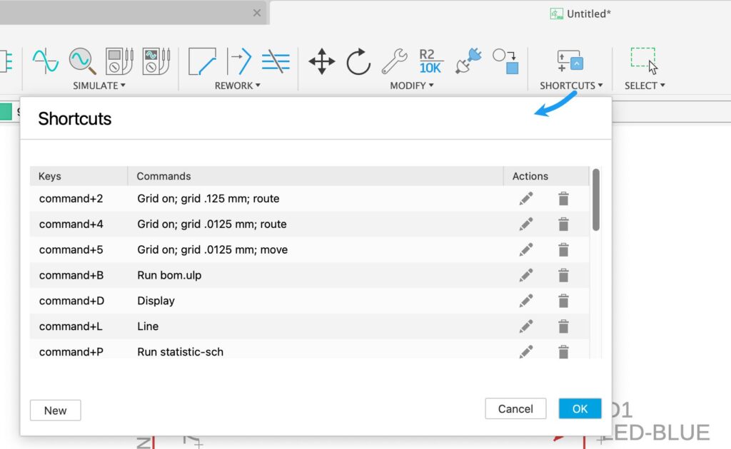 Assigning shortcuts to a command string in Fusion electronics.